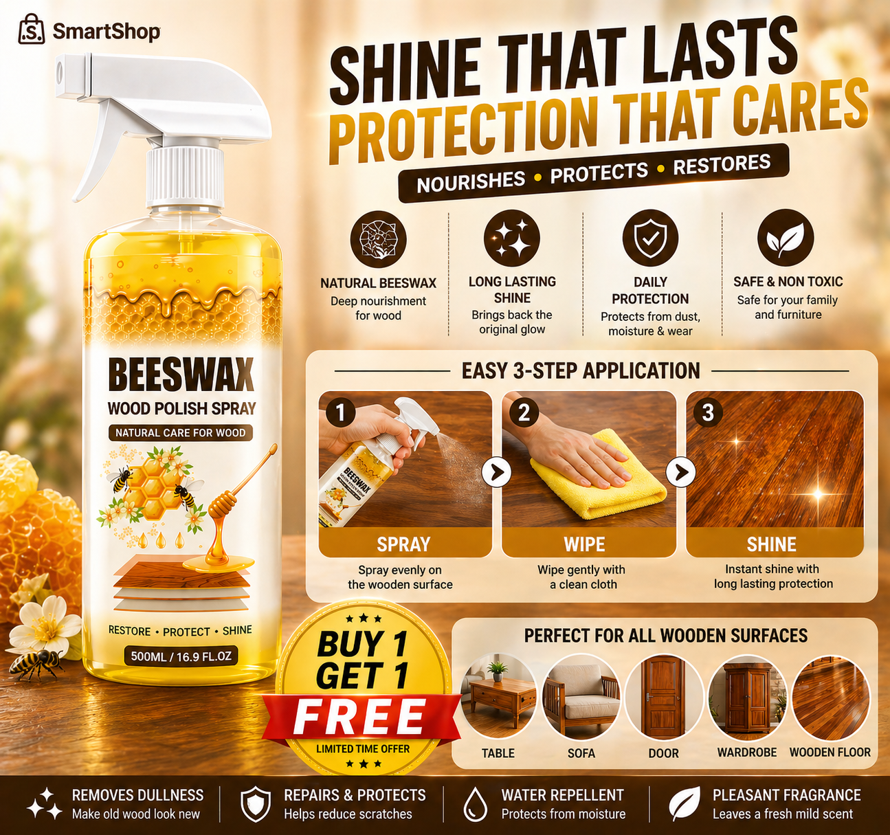 Beeswax Wood Polish Spray | Restore Shine , Protect Furniture | BUY 1 GET 1 FREE